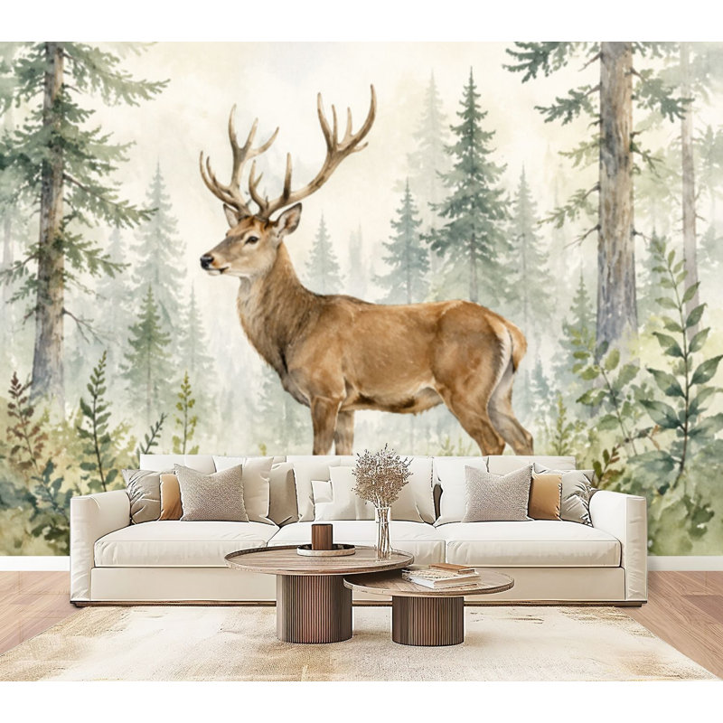 Papier peint mural autocollant à l'aquarelle représentant un faon des bois, décor mural moderne pour chambre ou salon, 175 cm x 244 cm