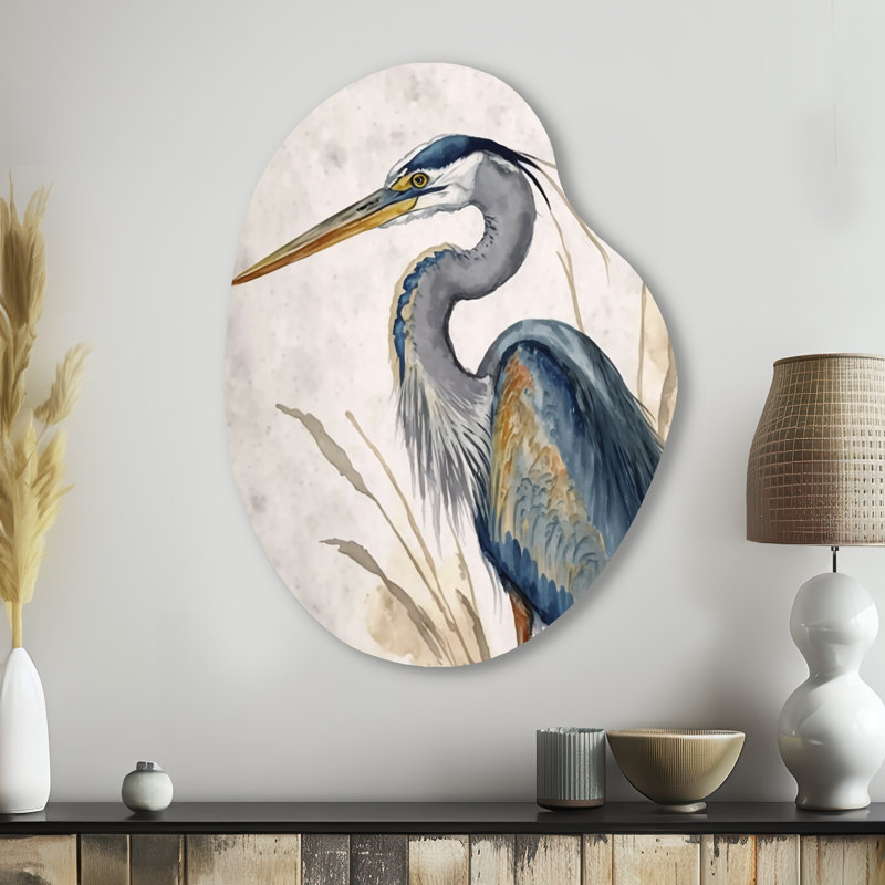 «Heron By The Waterside Watercolor II», art mural en forme de poire héron animaux, H 38 po x l 28 po