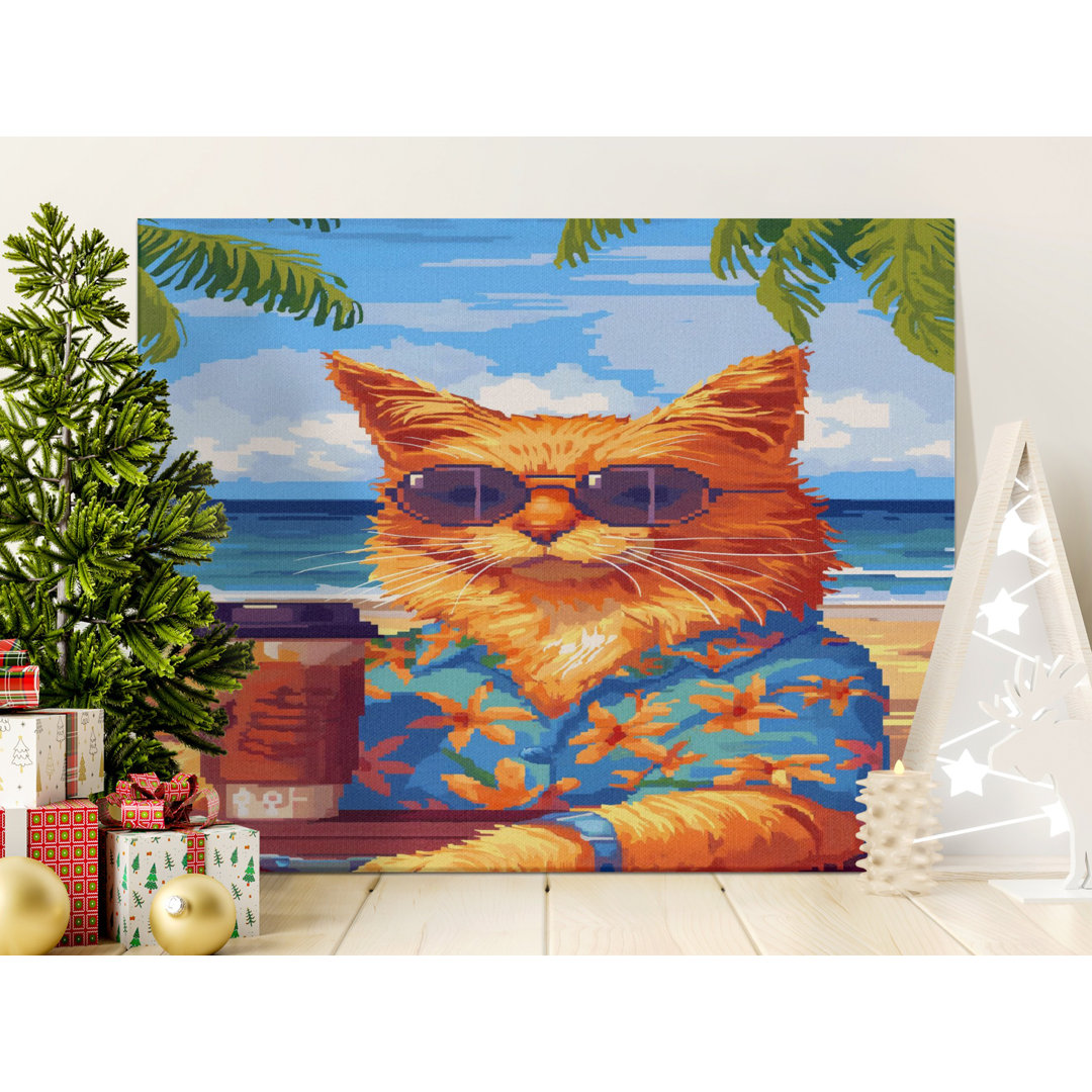 Pixel Art Cat Canvas Print, Hawaiian Shirt Cat on Beach Wall Art, Retro Gamer Room Decor, Coffee Lover Gift for Him Her