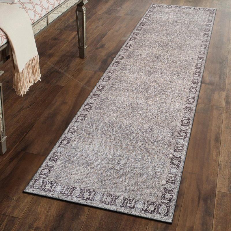 Elise Gray Vintage Rug – Machine Washable, Flat Pile Texture With Non-Slip Backing, Runner 2'6" x 6'