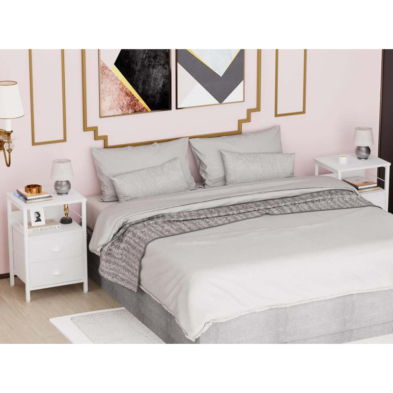 Nightstands Set 2, End Table With 2 Fabric Drawers, Bedside Table With 2 Hooks, Open Wood Shelf Side Sofa Table For Bedroom/Living Room/Hallway/White