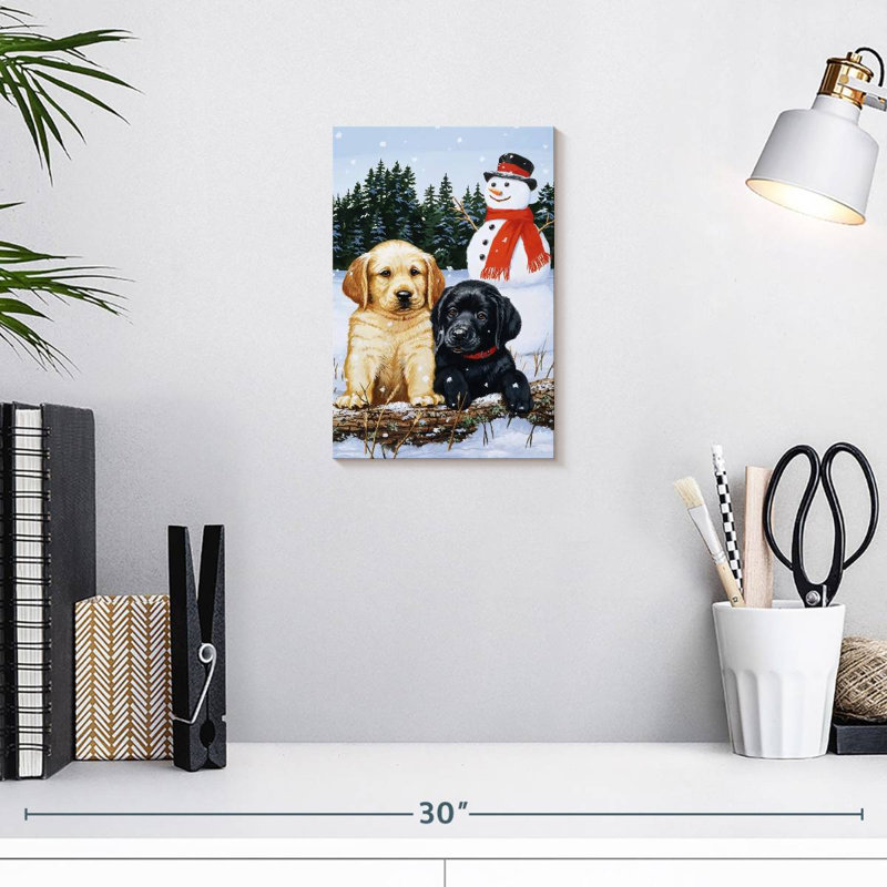Brampt Lab Puppies With Snowman, 12" H x 8" W