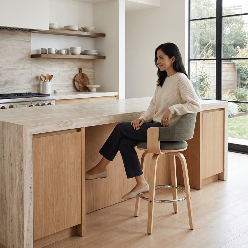 Tabouret de bar et de comptoir pivotant Mid-Century Corso avec dossier incurvé, siège rembourré et structure en bois