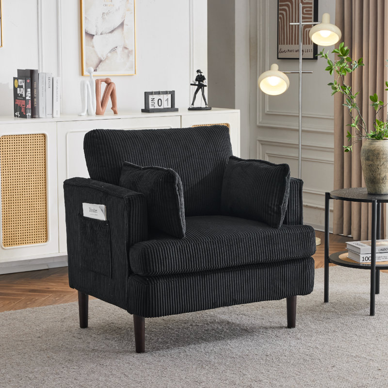 Mid-Century Modern Corduroy Barrel Accent Chair , Black Corduroy