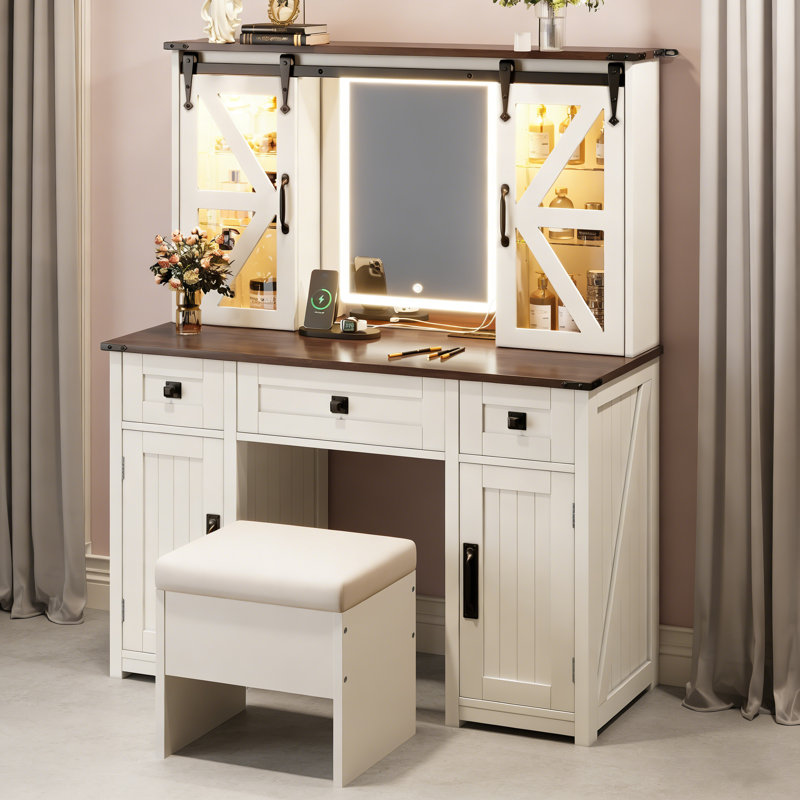 Coiffeuse 43,3 pouces avec miroir éclairé, tabouret de rangement, station de charge, tablettes de porte de grange coulissantes et tiroirs multiples, beige