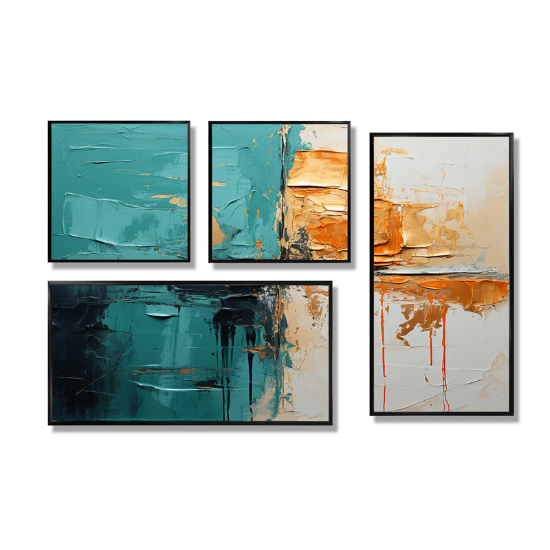 «Adventure in Turquoise Orange» - art mural turquoise 4 pièces, Noir, Impression encadrée sans passe-partout
