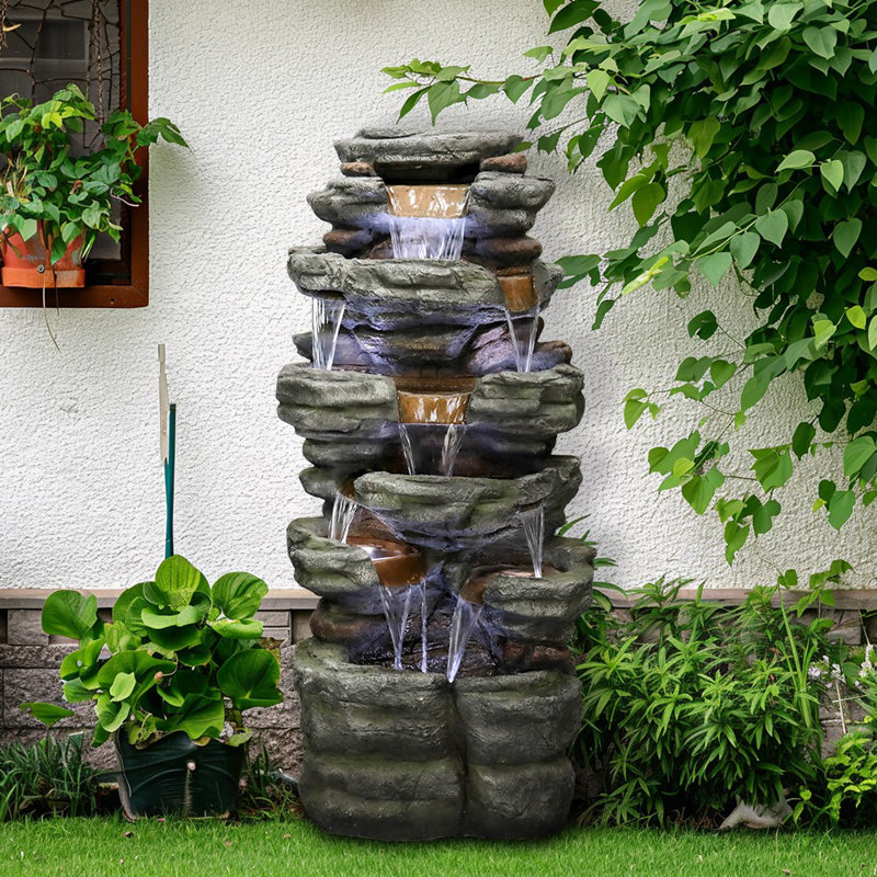 SunJet 47.2" H Natural Stone Outdoor Garden Fountain with Lights
