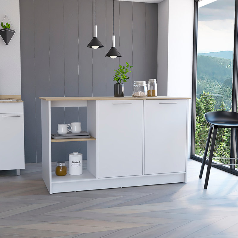 Îlot de cuisine Juniper, quatre tablettes ouvertes, deux armoires - chêne clair / blanc, White