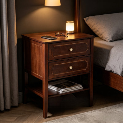 Table de chevet en bois à 2 tiroirs avec tablette de rangement ouverte, table d'appoint vintage pour chambre à coucher, finition noyer brun