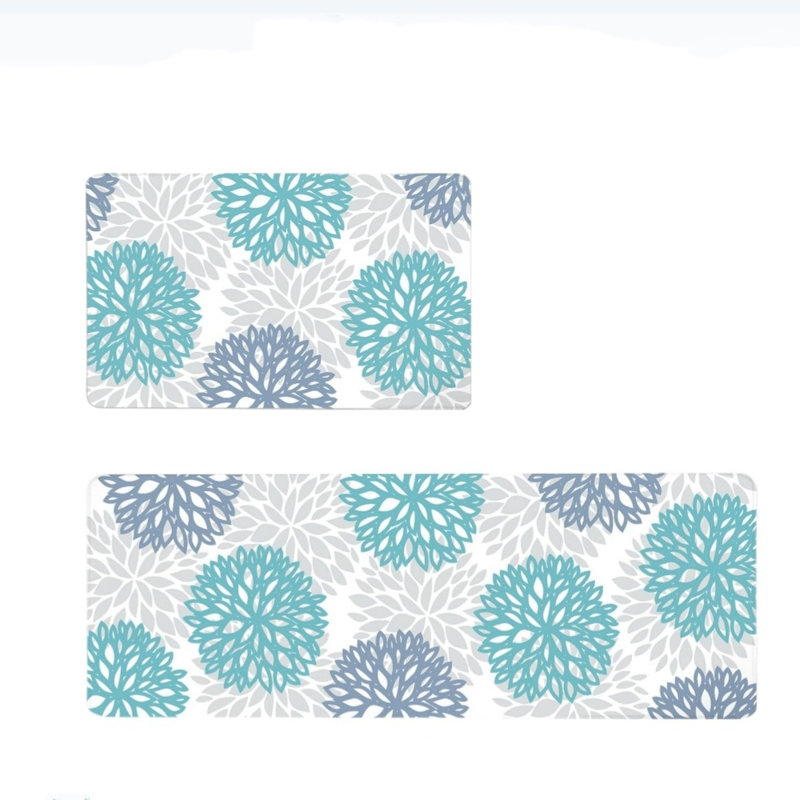 Green Anti-Fatigue Kitchen Mat Set Cushioned, Non-Slip Comfort, Blue/White
