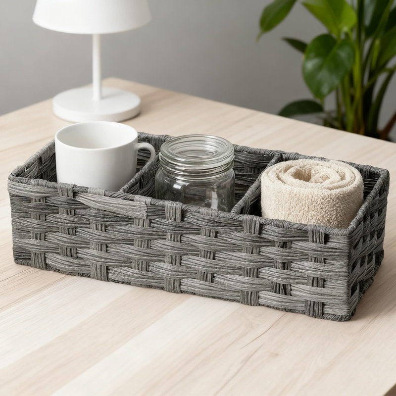 Hand Woven Plastic Wicker Storage Baskets With Dividers For Bathroom Organization, Rustic Farmhouse Decor Countertop Organizer For Toilet Paper And Essentials