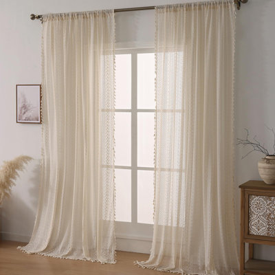 Boho Crochet Semi-Sheer Curtains - 108 Inch Long, 2 Panel Sets - Farmhouse Vintage Geometry Knitted Lace Beige Drapes With Retro Tassel For Living Room & Bedroom