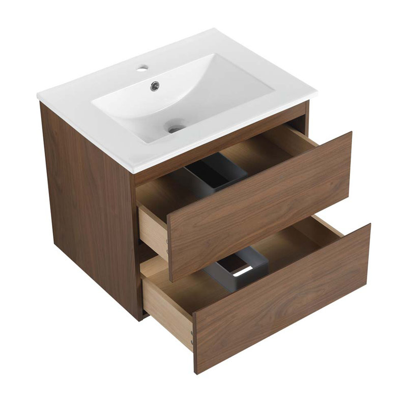 Meuble-lavabo mural 24 po avec lavabo en céramique, 2 tiroirs à fermeture en douceur 24 po, Blanc, Chêne brun