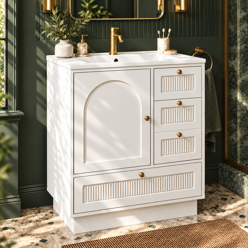 Meuble-lavabo simple autoportant de 30 po avec lavabo en céramique et tiroir électrique intégré, blanc