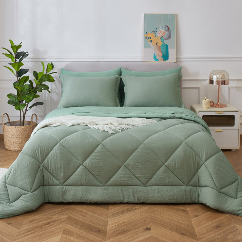 Ensemble d'édredon 7 pièces en microfibre délavée toutes saisons - ensemble de literie matelassée à coutures losangées, housse de couette en duvet synthétique réversible, édredon en microfibre moelleuse respirante