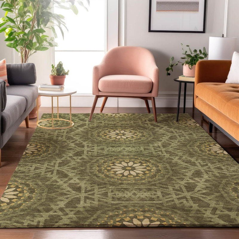 Premium Machine Washable Cerrito Olive Rug, Rectangle 5' x 7'6"