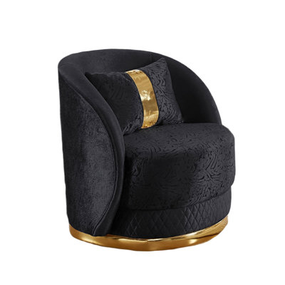 Vysa Swivel Accent Chair, 1 Pillow, Barrel Back, Gold Base, Black