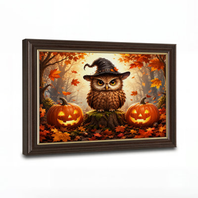 Chouette au chapeau de sorcière noire avec citrouilles incandescentes en art d'Halloween