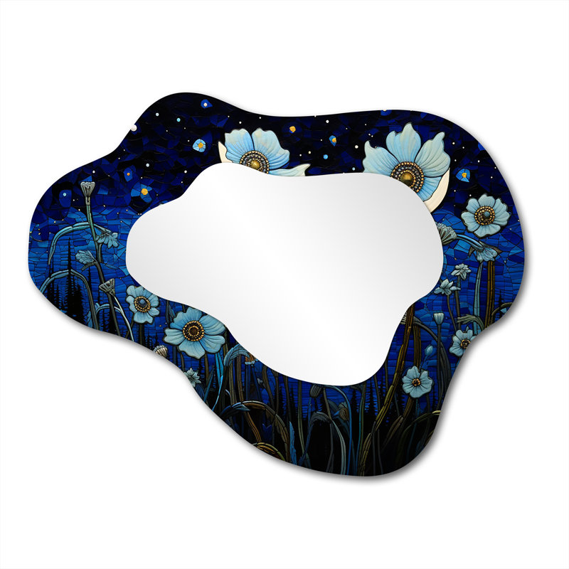 Clair de lune au champ de fleurs - fleurs sauvages en métal Art Decor - miroir mural traditionnel asymétrique, 27 po x 35 po