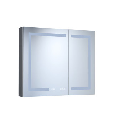 36 po Armoire à pharmacie rectangulaire en aluminium argenté avec lumières à DEL, horloge, conception antirouille, miroir de brume, stations de charge à DEL intégrées, fonction, détection automatique de l'intérieur