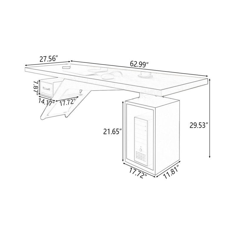 Brown+Black Rectangular Solid Wood+Iron with 1 drawers desk, 29.53" H x 62.99" W x 27.56" D