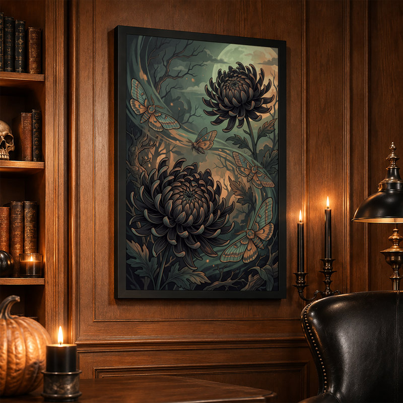 Chrysanthèmes noirs et papillons de nuit dans une forêt au clair de lune - Toile murale d'Halloween, H 30 po x l 20 po