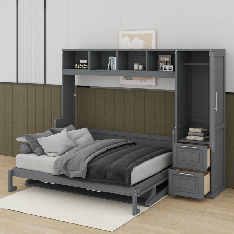 Lit escamotable double avec tiroirs et garde-robe, gris