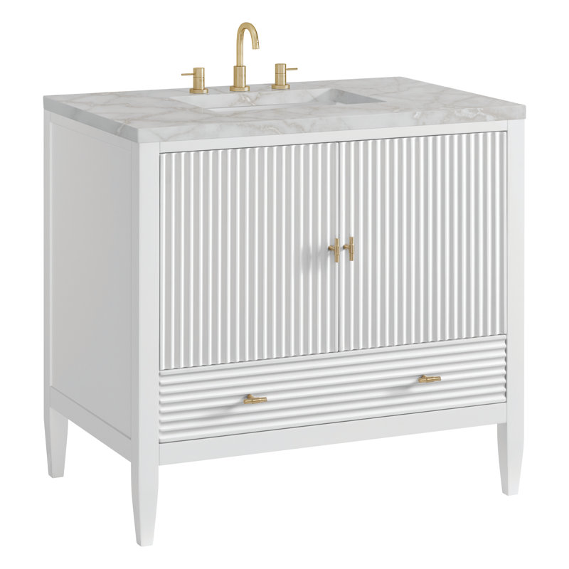 Myrrin 36'' W Single Vanity, Bright White, Victorian Silver Silestone, 8" Widespread