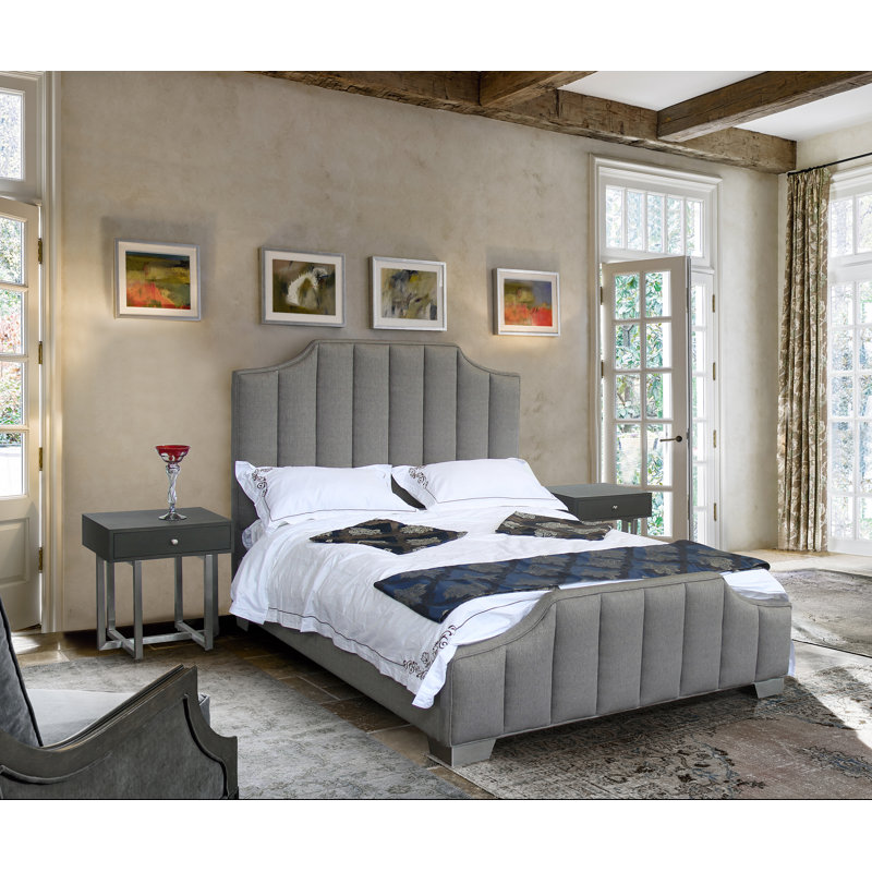 Grand lit-bateau tapissier à profil bas Quitaque, Tissu gris