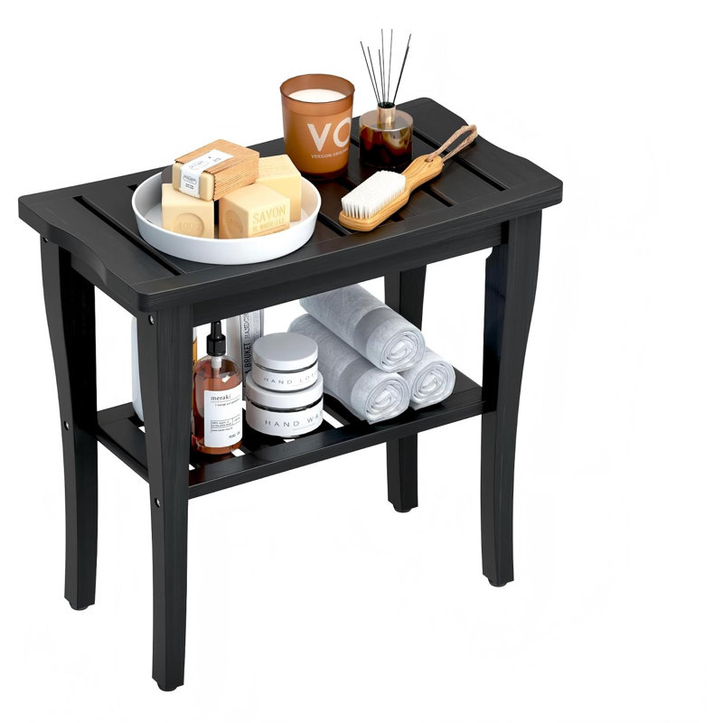 Tabouret de douche en bambou avec tablette de rangement, siège de douche imperméable pour spa, tabouret de douche pour l'intérieur (noir)