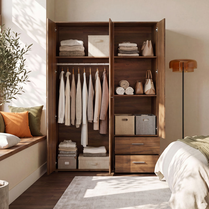 Spacious, timeless wardobe with 3 turning doors and 2 drawers, engineered wood, light beige, 205.9 cm W x 200.1 cm H x 58.8 cm D