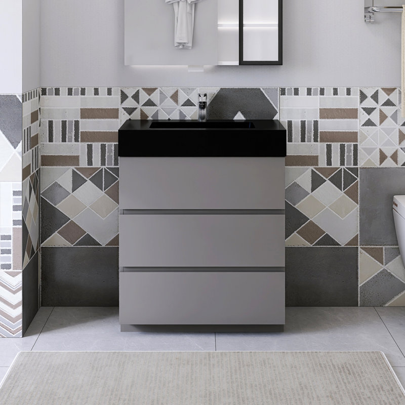 Ensemble de meuble-lavabo simple 29,9 po Satonia, Noir mat, Gris
