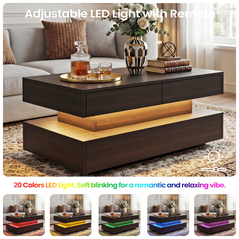 Viola Rectangular LED Coffee Table With 2 Drawers For Living Room, Brown