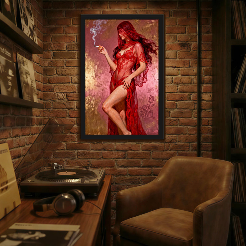 «Fashion», dentelle rouge, femme, fumer, impression d'art, H 36 po x l 24 po
