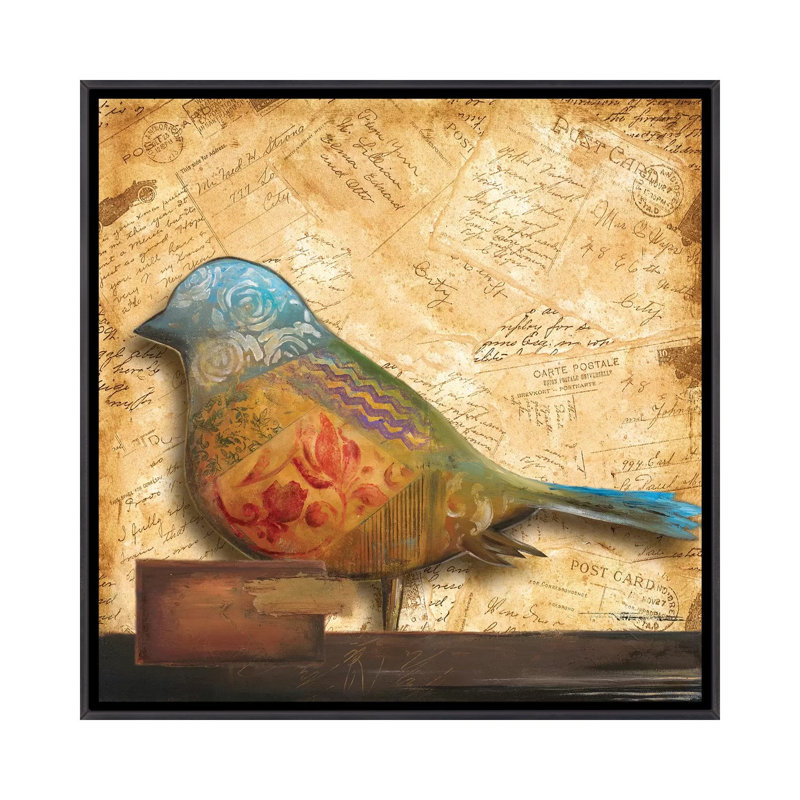 Impression d’art graphique, "Bird of collage I" par Patricia Pinto, Pas de tapis, H 26 po x l 26 po x P 1,5 po