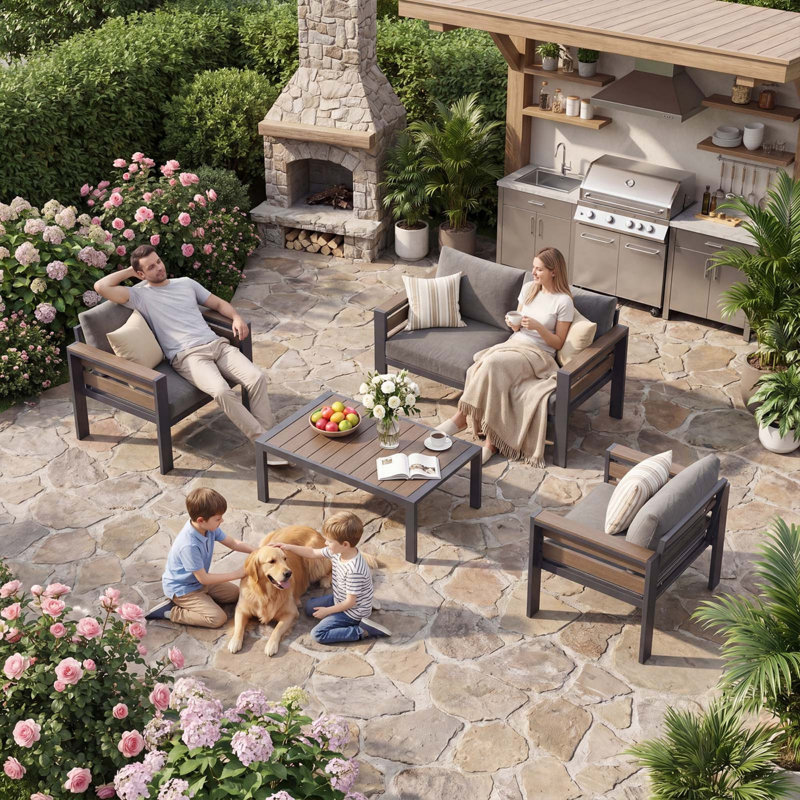 4 Piece Aluminum Patio Furniture Set, Modular Outdoor Conversation Set With Thick Cushions For Patio, Balcony, Backyard