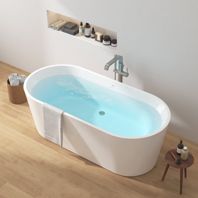 Baignoire autoportante en acrylique FerdY Shangri-La de 67 po, baignoire autoportante en acrylique de forme ovale classique blanc moderne, certifié cUPC, bonde en nickel brossé et trop-plein à fente classique