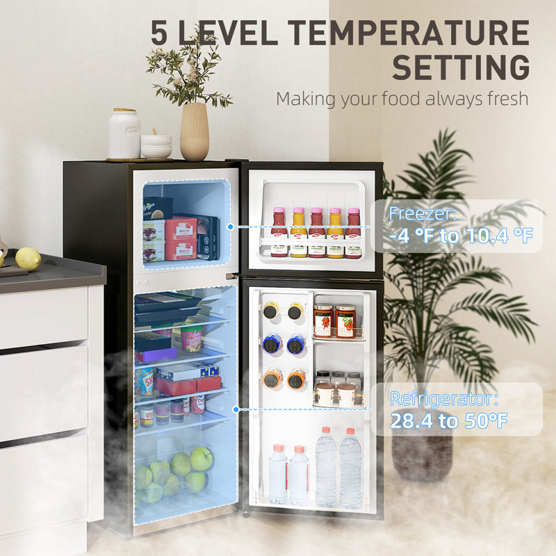 4 Cu.Ft Mini Fridge with Freezer, Double Door Compact Refrigerator with Adjustable Thermostat, Shelf and Reversible Door for Bedroom, Dorm, Home Office, Energy Efficient