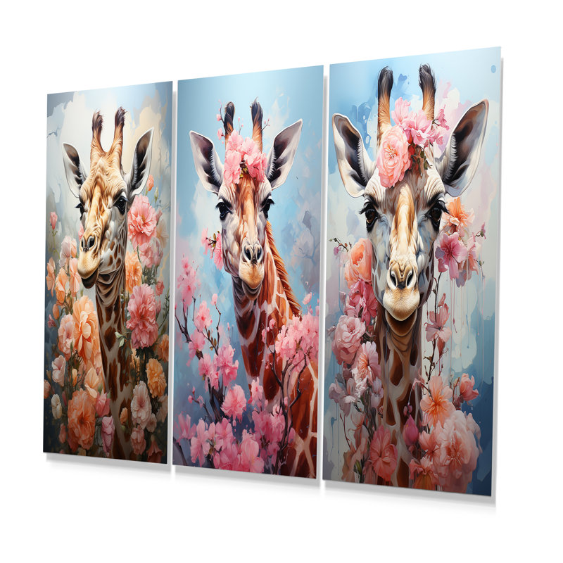 Mignon portrait de girafe rose floral - ensemble d'art mural en métal girafe de 3, H 32 po x l 48 po