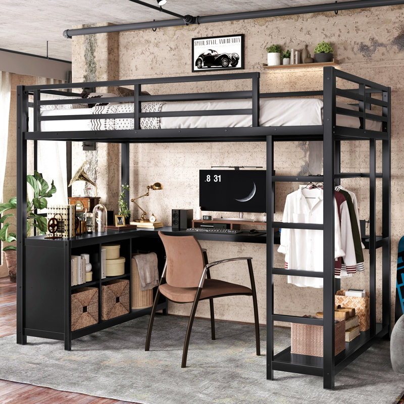Lit mezzanine en métal avec garde-robe et bureau en forme de L, lit mezzanine simple de taille XL avec cubes de rangement et tablettes