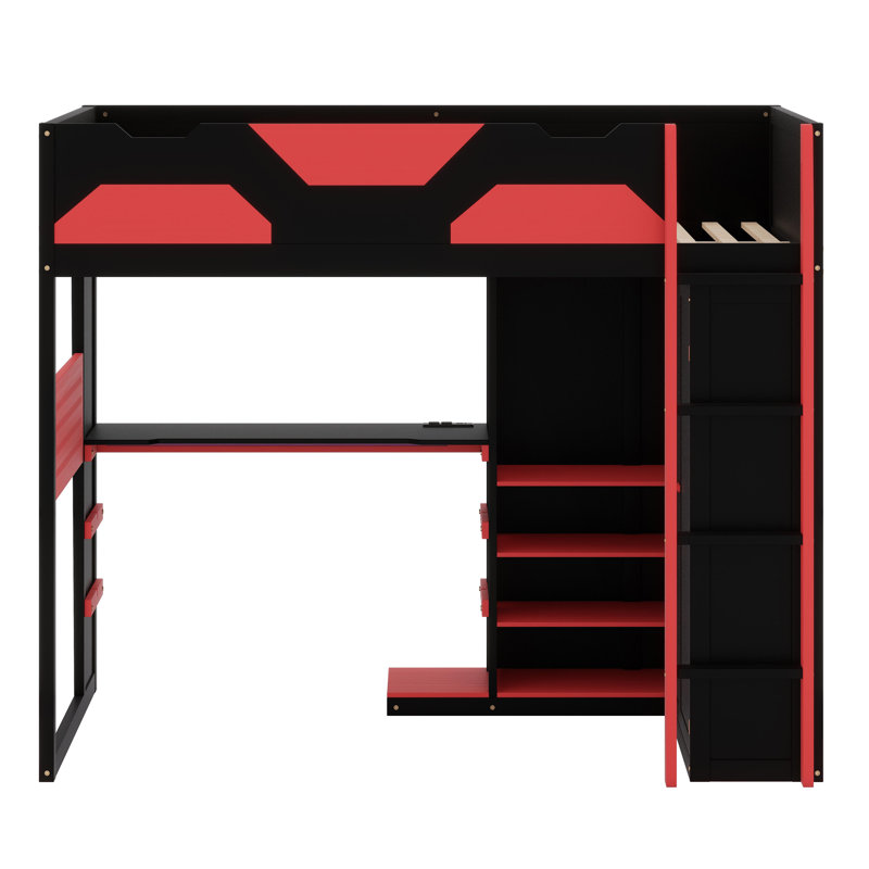 Smart Loft Bed Featuring Built-In Workspace, Organizational Shelves, USB Charging & Customizable RGB Lights, Red