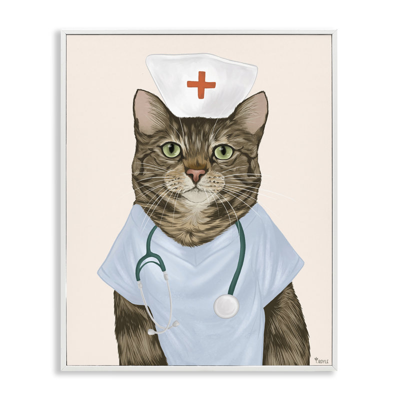 «Nurse Doctor Cat», art de la giclée encadrée par Tara Royle, Estampe numérique encadrée blanc bord de mer, H 20 po x l 16 po