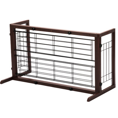 Barrière d'intérieur autoportante en bois de pin brun pour portes et escaliers de 38 à 71 po, grillage métallique, barrière durable pour animaux de compagnie réglable en bois facile à réinstaller