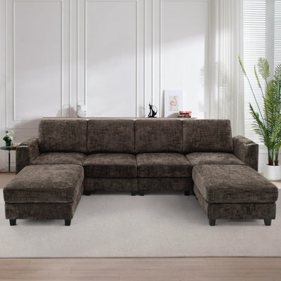 Canapé modulaire en chenille de 110 po avec porte-gobelets robustes, canapé modulaire en forme de U avec repose-pieds flexible pour le salon, un appartement