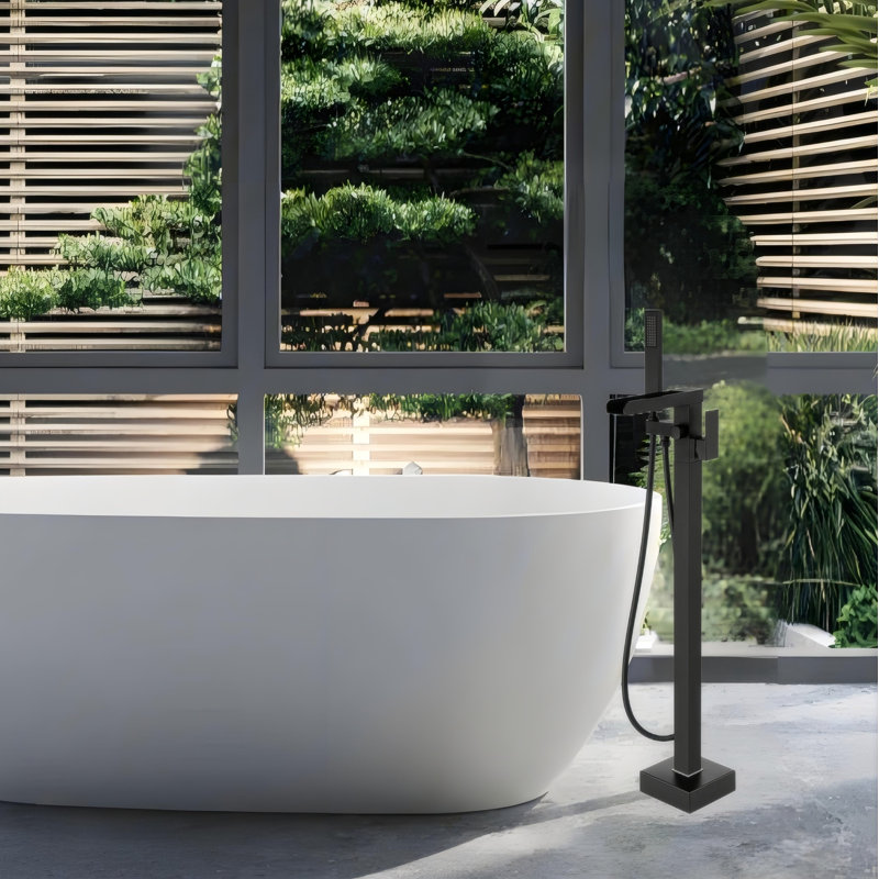 Bathroom Freestanding Waterfall Tub filler , Floor Mount Faucet with Hand Shower, Matte Black