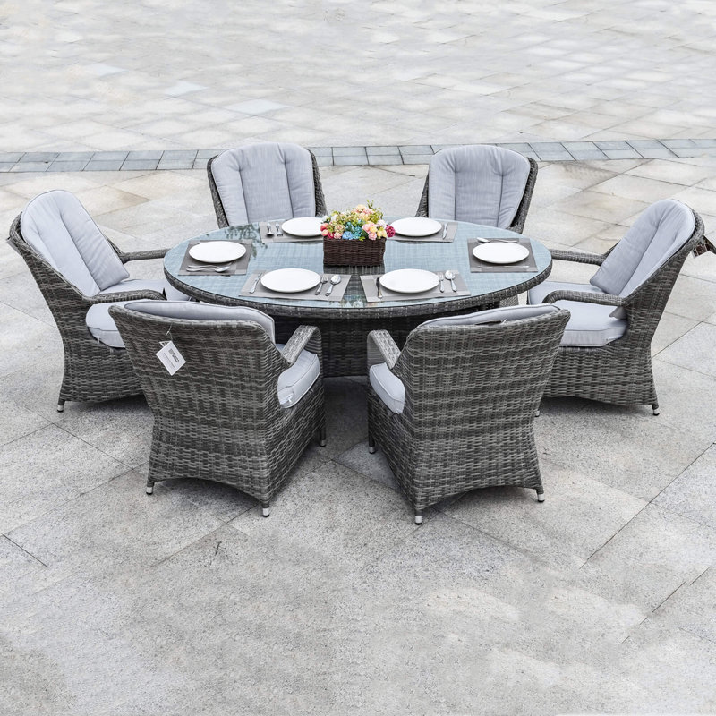 Ensemble repas d'extérieur 7 pièces avec table ovale en osier et coussins PE Parma, Gris / Gris