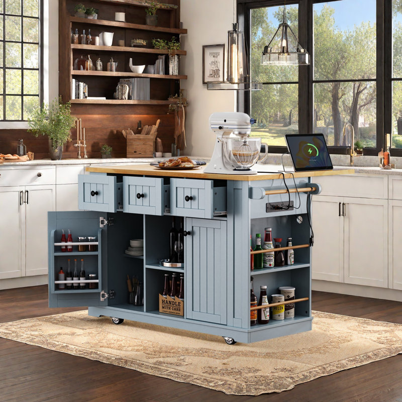 53inch Large Kitchen Island with Drop Leaf, Power Outlet, Door Storage, Rolling Kitchen Cart, Gray Blue