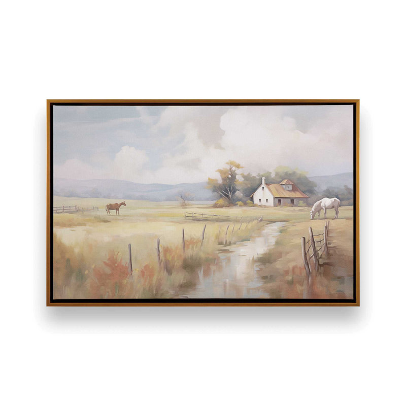 Impression sur toile Peaceful Farmhouse Meadow, Encadrement doré, H 32,75 po x l 48,75 po x P 1,75 po