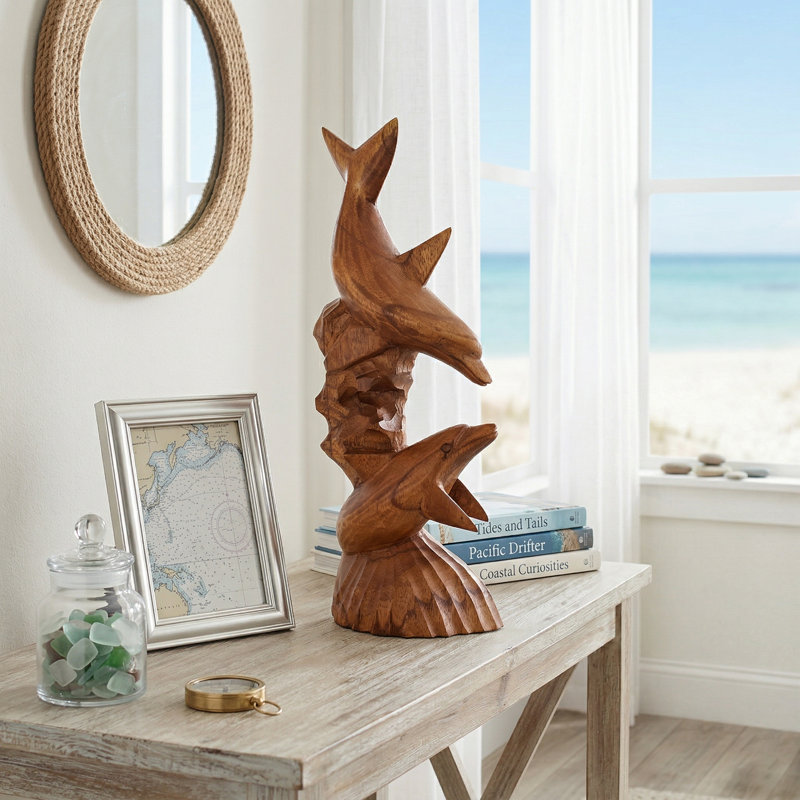 Ahadzi en bois sculpté à la main 2 dauphins sur une statue de corail en bois sculpté à la main, H 12 po x l 5 po x P 2 po