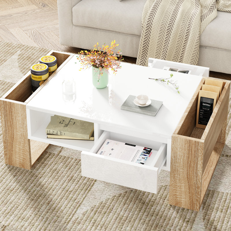 Table basse blanche avec pieds de support et 2 tiroirs - lustré, 41,3 x 23,6 po pour le salon, la chambre à coucher, grand rangement rectangulaire 41,3 x 23,6 po, brillant